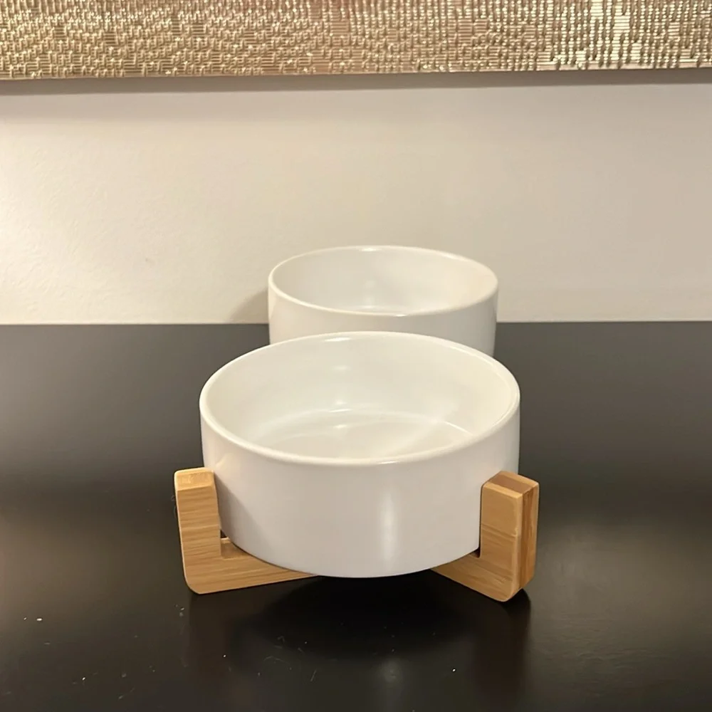 SPUNKYJUNKY Dog and Cat Ceramic Pet Bowls with Wood Stand